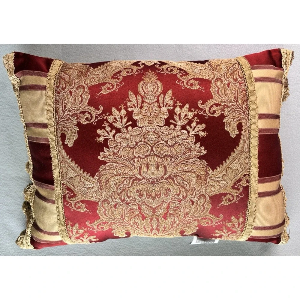 Luxury Croscill Carlisle Throw Pillow Red Gold Damask Stripe Tassels 20